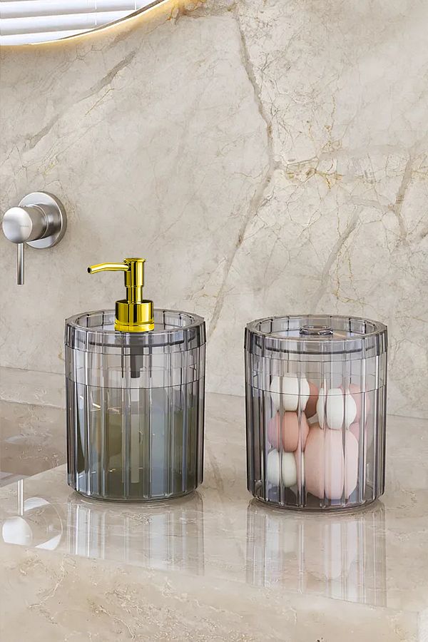 DOVİHOME-Double XL Large Size Striped 700ml Countertop Gold Pump Liquid Soap Dispenser and Cotton Lint Set Smoked 1