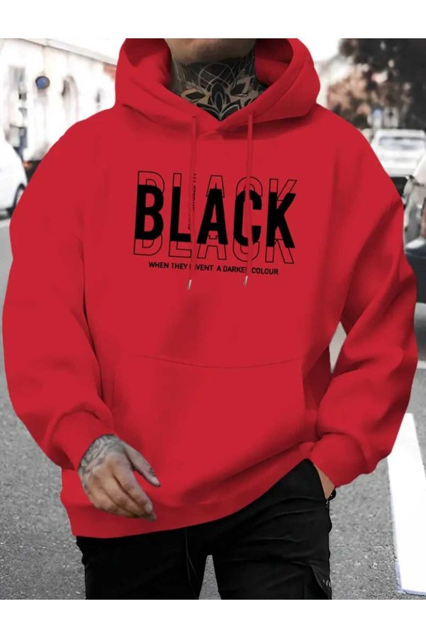 caddekombin Darker Black Printed Hooded Pocket Red Sweatshirt with Wool Inside