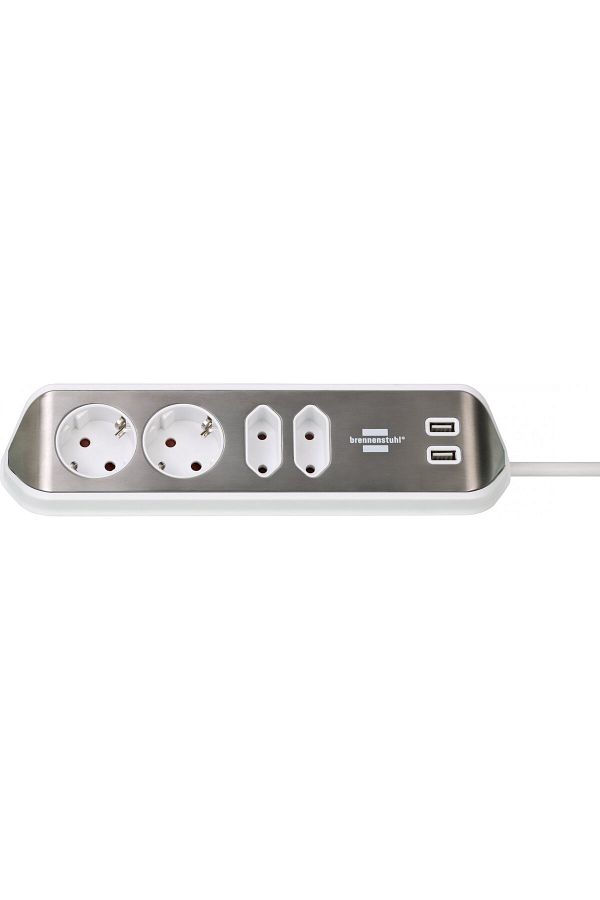 Brennenstuhl-Prelungitor pentru perete colt Estilo 4 prize, 2 USB, 3.1 A, 2m Inox, Adeziv inclu 1