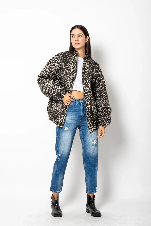 Bak Moda-Leopard Patterned Zippered Brown Quilted Jacket 1