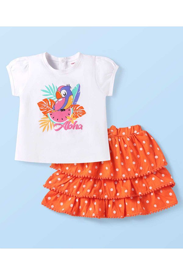 Babyhug-Top & Skirt Set with Bird and Polka Dots Print & Bow Applique - Orange & White 1