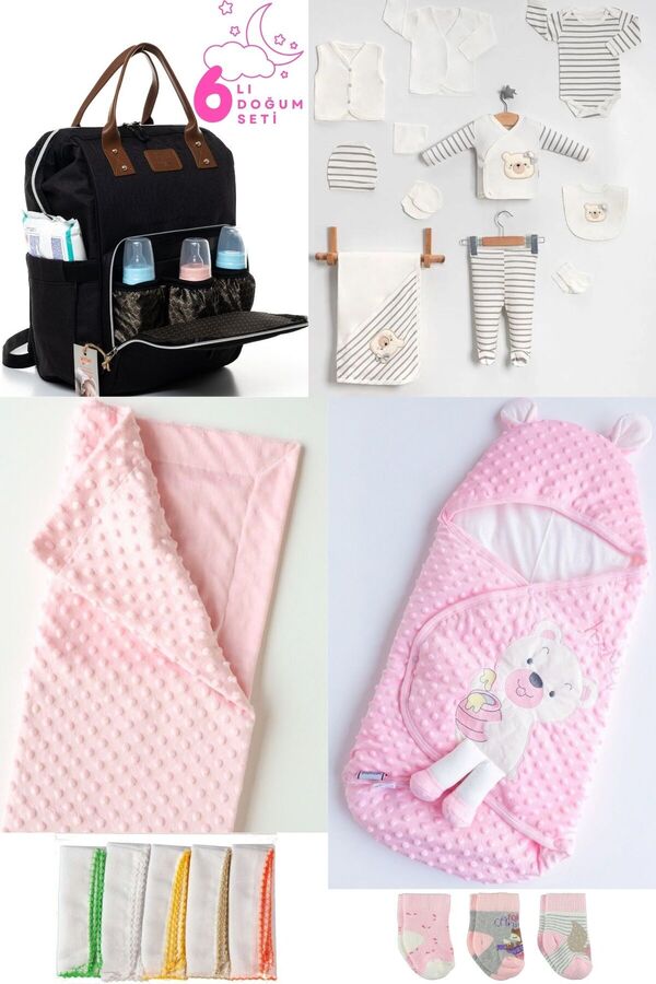 Pimadyo 6'lı Set (Bebek Bakım Sırt ve Omuz Çantası,10'lu Hastane Çıkışı,Kundak,Battaniye, 3 Çorap 10 Mendil)