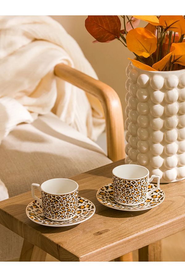 LC Waikiki-Lcw Home Mixed Leopard Pattern Porcelain Coffee Cup Set for Two 90 ml 1