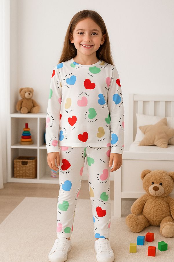 TRENDYOLKIDS-Dívčí pyžamová souprava s potiskem srdce Ecru Cotton - TKDAW25AU00130 1
