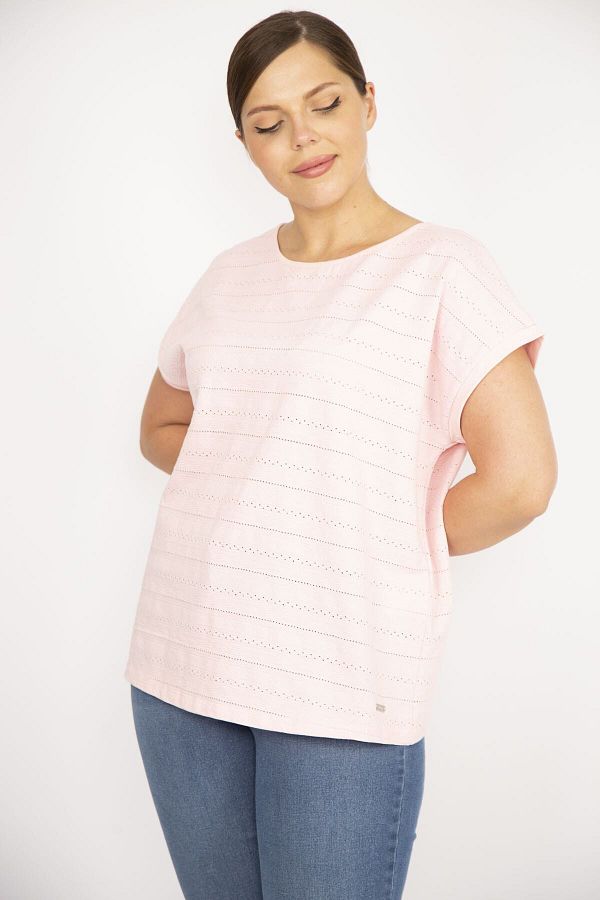 Şans-Women's Pink Large Size Cotton Fabric Self Patterned Low Sleeve Blouse 65n36630 1