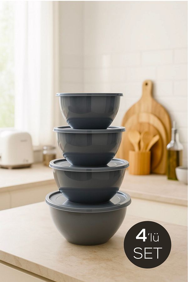 Vienev-Set of 4 Round Bowls Anthracite |   1L, 1.5L, 2.3L, 3.3L |   Multi-Purpose Kitchen Storage Container with Lid 1