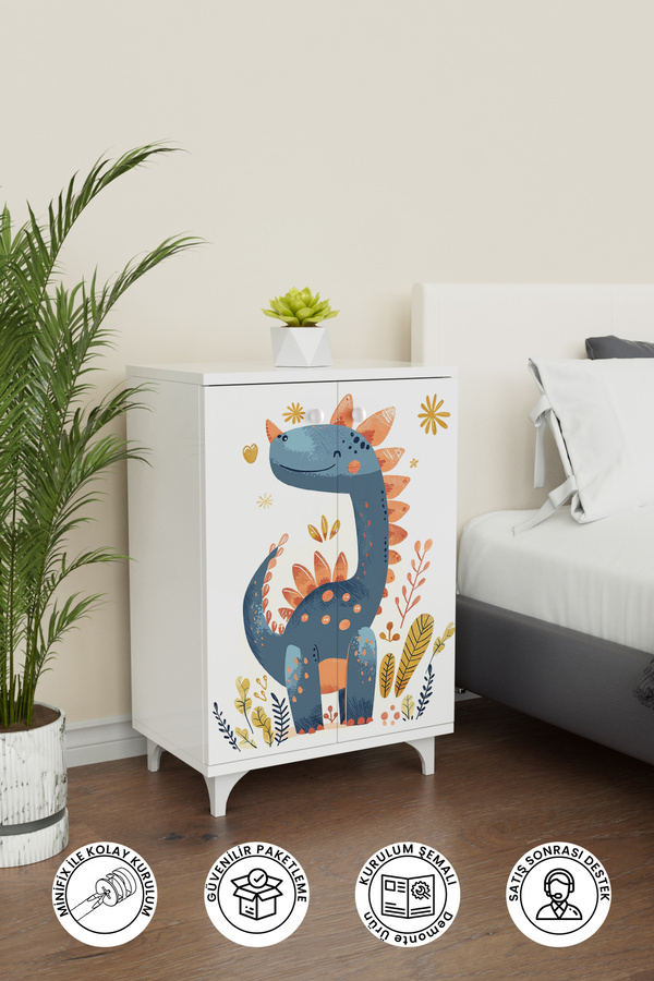 Hediyeler Kapında Minik Dino 2 Raflı Çocuk Odası Dolabı Çok Amaçlı Baskılı Oyuncak Dolabı
