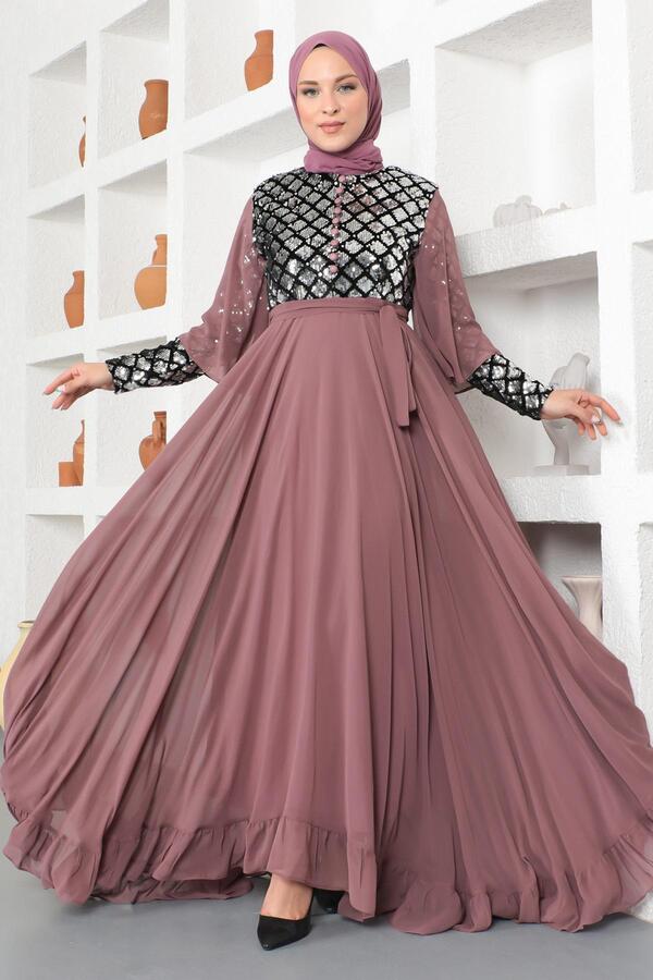 Modamihram-Sequined Chiffon Evening Dress Dusty Rose 19107 1