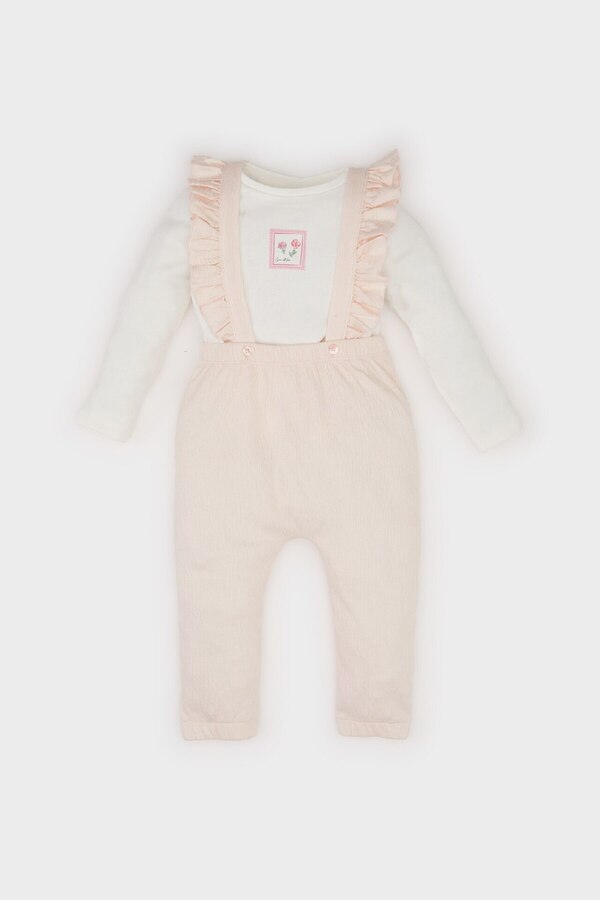 DeFacto-Baby-Mädchen-Set mit 2 Blumen-Langarm-T-Shirts aus Crinkle-Stoff, Salopet-Strampler D9094A525SP 1