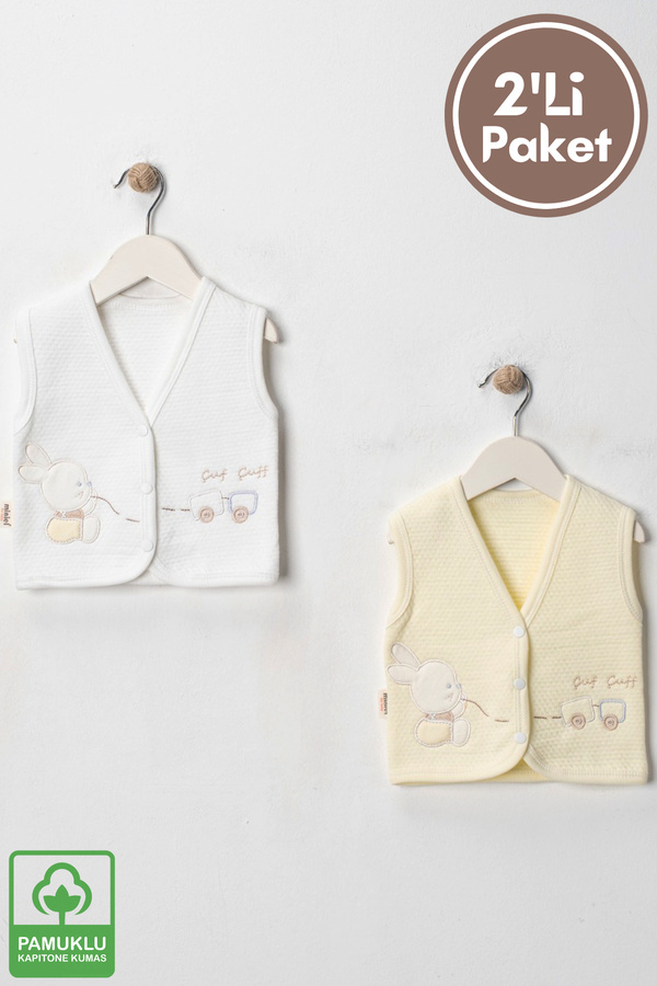 Miniel Unisex Bebek Tavşan Nakışlı Organik Pamuklu 3-6-9 Ay 2li Kapitone Bebek Yelek - Sarı