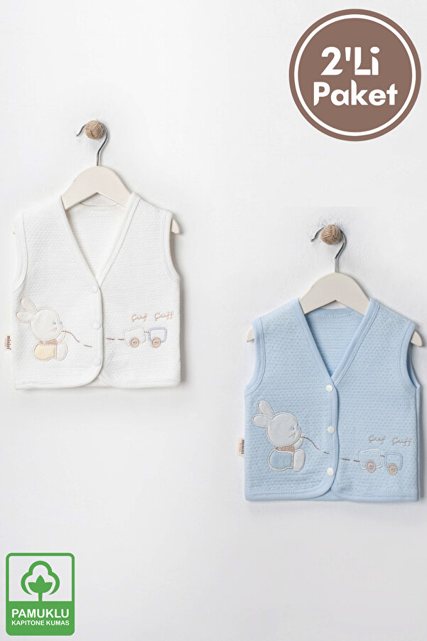 Miniel Erkek Bebek Tavşan Nakışlı Organik Pamuklu 3-6-9 Ay 2li Kapitone Bebek Yelek - Mavi