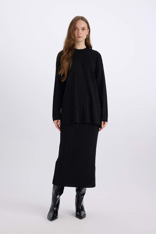 DeFacto-Normale Passform Basic Plain Maxi Strickrock E0936AX24WN 1