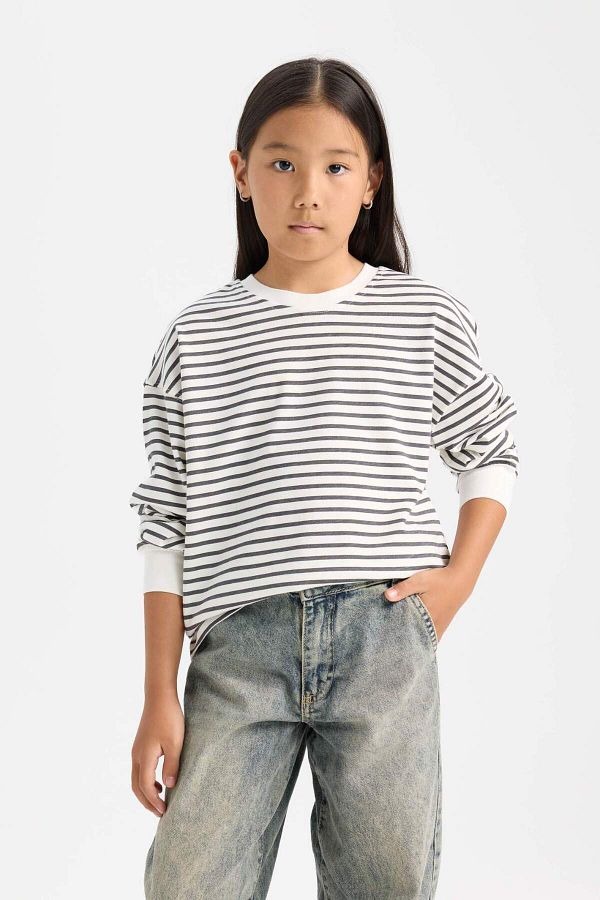 DeFacto-Girl's Relax Fit Crew Neck Striped Sweatshirt D6503A8Ns 1