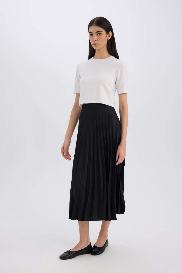 DeFacto-A-Line High Waist Pleated Basic Plain Satin Maxi Skirt D2871Ax24Au 1