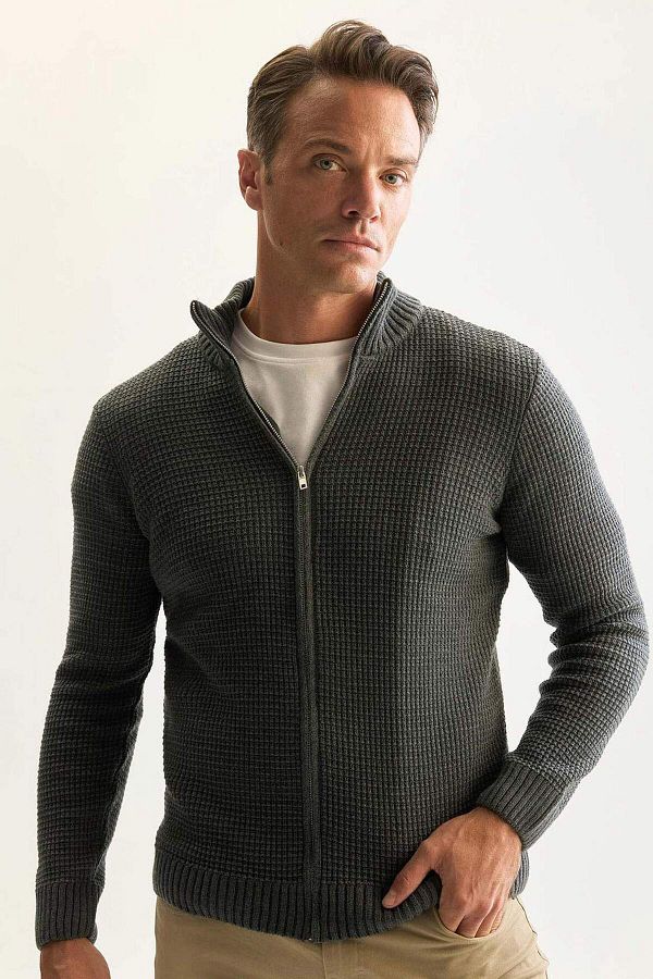 DeFacto-Standard Fit Regular Cut Half Turtleneck Zip Waffle Cardigan R1195Azns 1