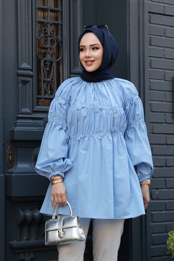 N.S NEVA STYLE-Baby Blue Hijab Tunic with Drawstring Detail 101033Bm 1