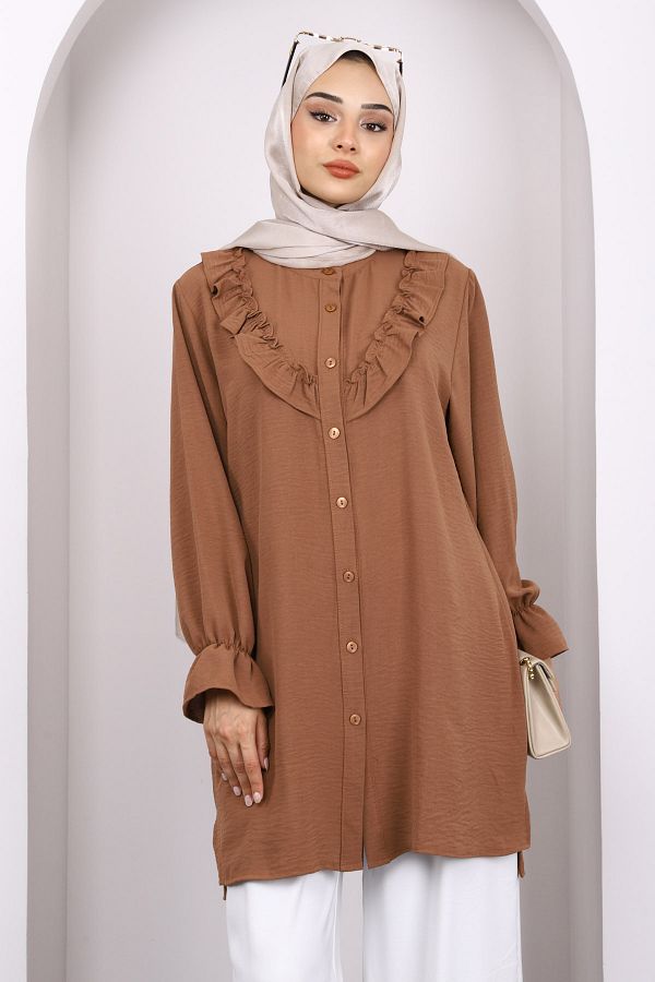 İmajButik-Brown Ruffled Front Ayrobin Tunic 1