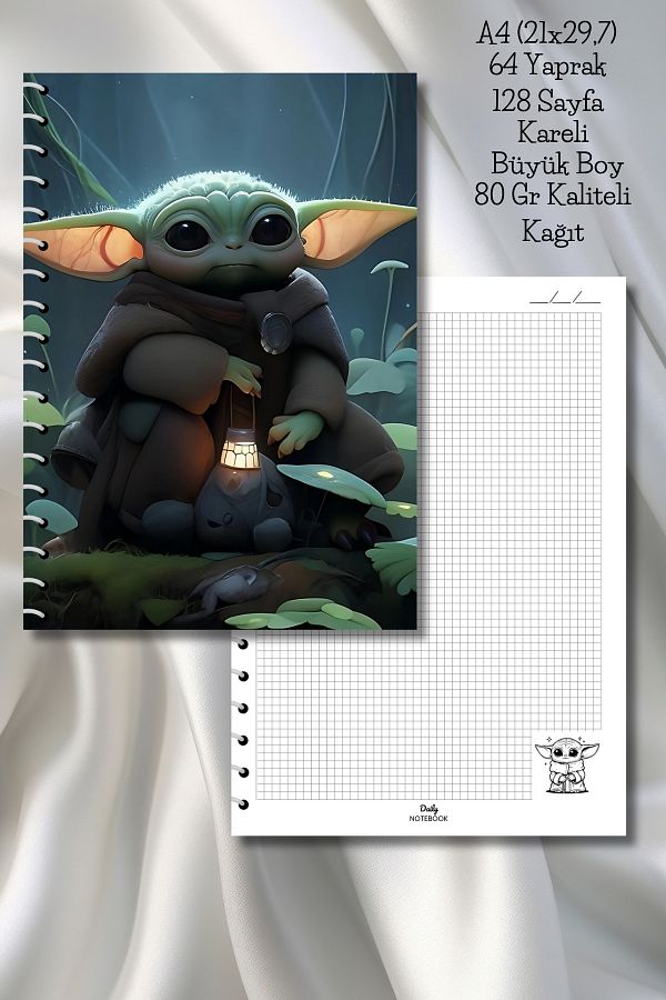 daily notebook-Yoda Checkered School Notebook, 64 Sheets Spiral A4 Large Size (21X29,7 cm) Size 1