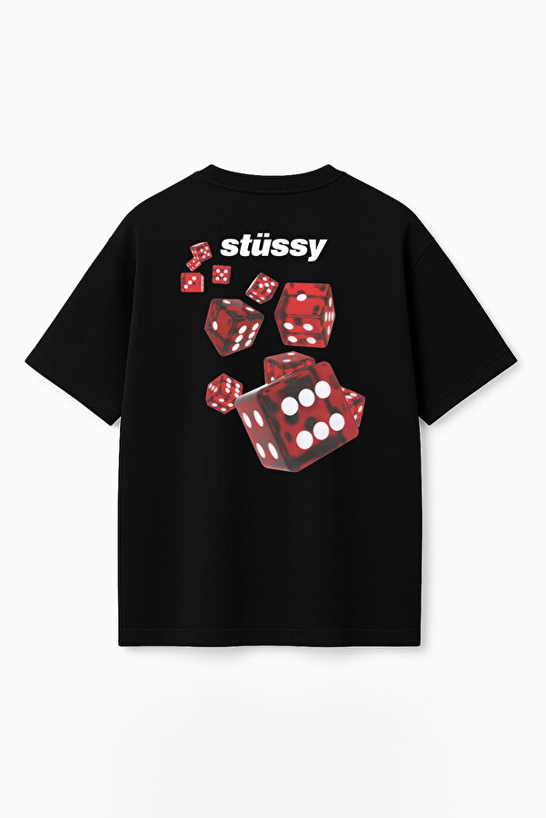Unisex Stüssy Zar Baskılı Oversize %100 Pamuk Geniş Kesim Dokulu Bisiklet Yaka Siyah T-Shirt RF0535