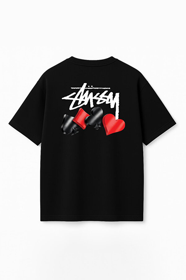 Unisex Stüssy İskambil Baskılı Oversize %100 Pamuk Geniş Kesim Dokulu Bisiklet Yaka T-Shirt RF0539