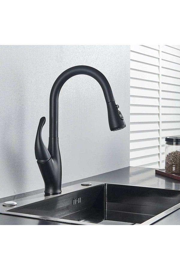 CasaVie-Kochen Matte kitchen faucet, matte black, with 2 flow functions and pull-out shower, code 1382 1