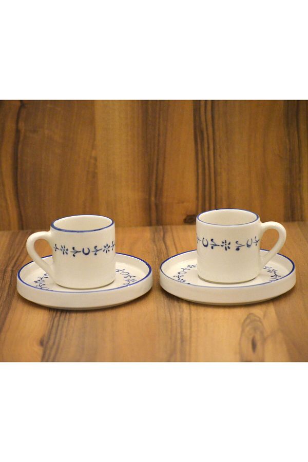 arı çini seramik-Set of 2 Cups, Handmade Cup Set with Golden Horn Pattern 1