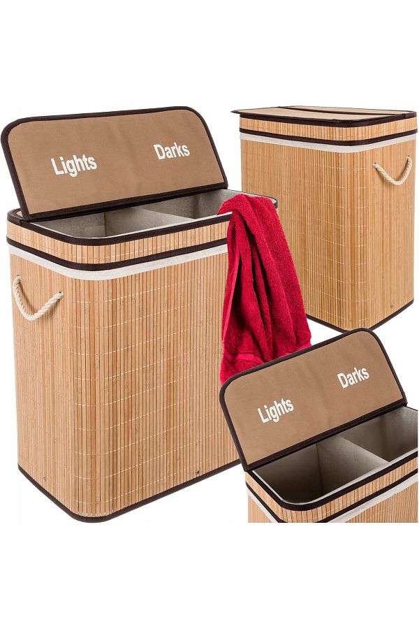 LikeSmart-LikeSmart Bamboo Laundry Basket with 2 Compartments, 100L Capacity, Design and Durable, Ins 1
