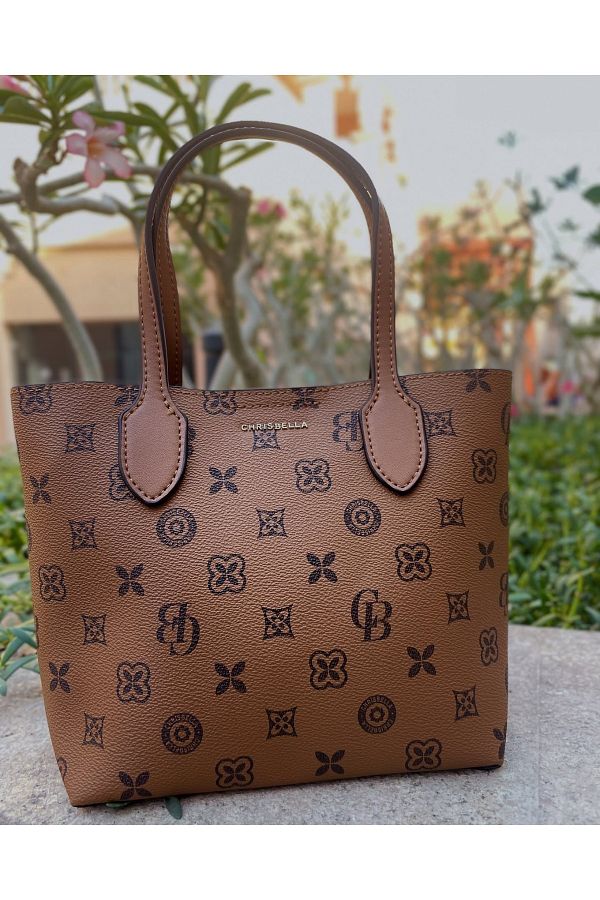 Chrisbella-Designer Tote Bag, Monogram Pattern with Leather Handles 1