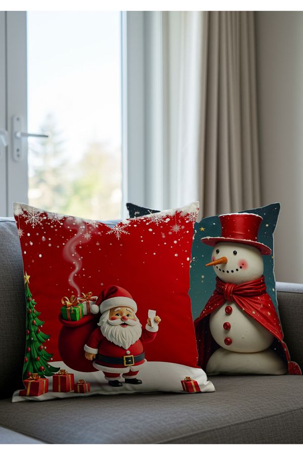 Sakallı-New Year's Throw Pillow Case Set of 2 – Santa Claus and Snowman Pattern, Red and White Color 1