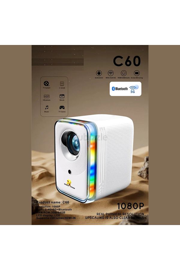 Generic-جهاز عرض محمول عالي الدقة 1080 بكسل - اتصال بلوتوث 5G، شاشة LCD واضحة 220 لومن، تباين عالي 1