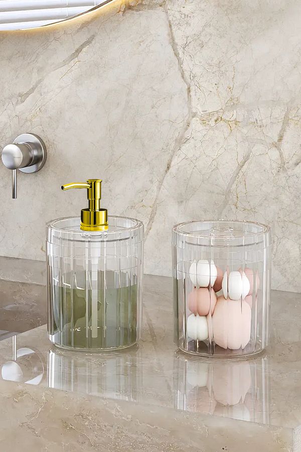 DOVİHOME-Double XL Large Size Line Pattern 700ml Countertop Gold Pump Liquid Soap Dispenser and Cotton Ball Set Transparent 1