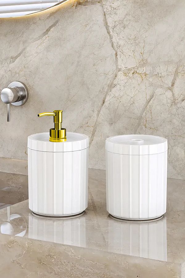 DOVİHOME-Double XL Large Size Line Pattern 700ml Countertop Gold Pump Liquid Soap Dispenser and Cotton Set White 1