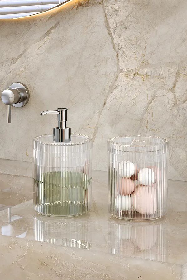 DOVİHOME-Double XL Large Size Striped 700ml Countertop Silver Pump Liquid Soap Dispenser and Cotton Lint Set Transparent 1