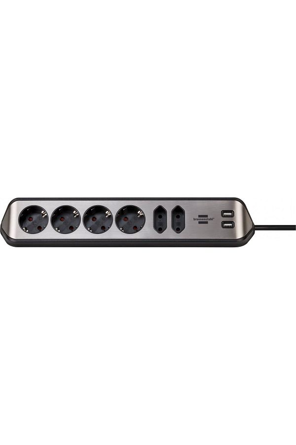 Brennenstuhl-Prelungitor pentru perete colt Estilo 6 prize, 2 USB, 3.1 A, 2m Inox, Adeziv inclu 1