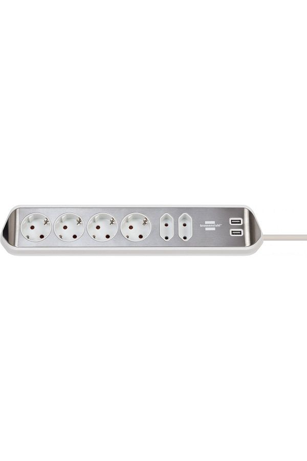 Brennenstuhl-Prelungitor pentru perete colt Estilo 6 prize, 2 USB, 3.1 A, 2m Inox, Adeziv inclu 1