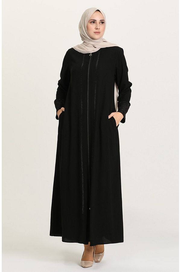 ISTANBUL STYLES-Laser Stone Crepe Fabric Ferace with Stones on the Front and Laced Sleeves 1