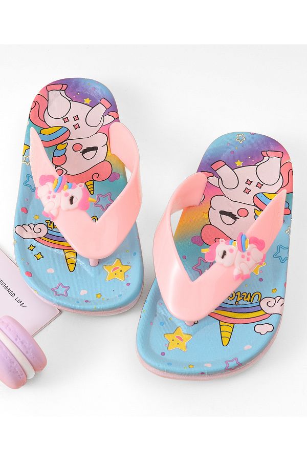 SAPS-Unicorn Print Slip On Flip Flops - Blue 1