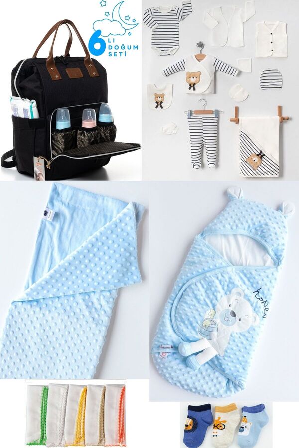 Pimadyo 6'lı Set (Bebek Bakım Sırt ve Omuz Çantası,10'lu Hastane Çıkışı,Kundak,Battaniye, 3 Çorap 10 Mendil)