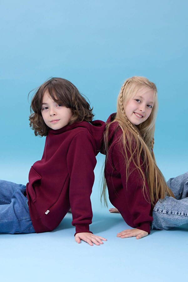 Perendi Unisex Kapüşonlu Kanguru Cepli Şardonlu Kışlık Sweatshirt - Bordo