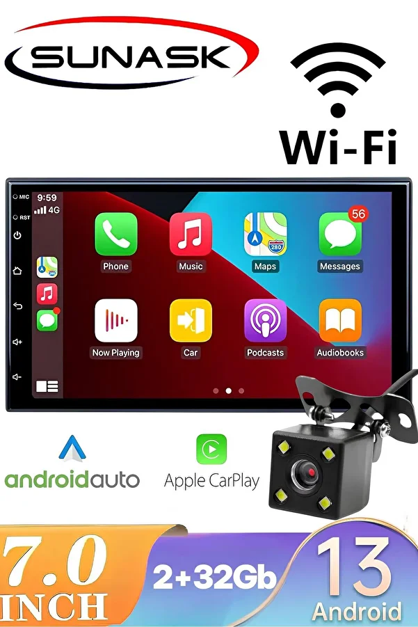 SUNASK-Sn-7002A 7 Inch Carplay Android Auto Tray - 2 Gb Ram, 32 Gb Memory, Wi-Fi and Youtube Google 1