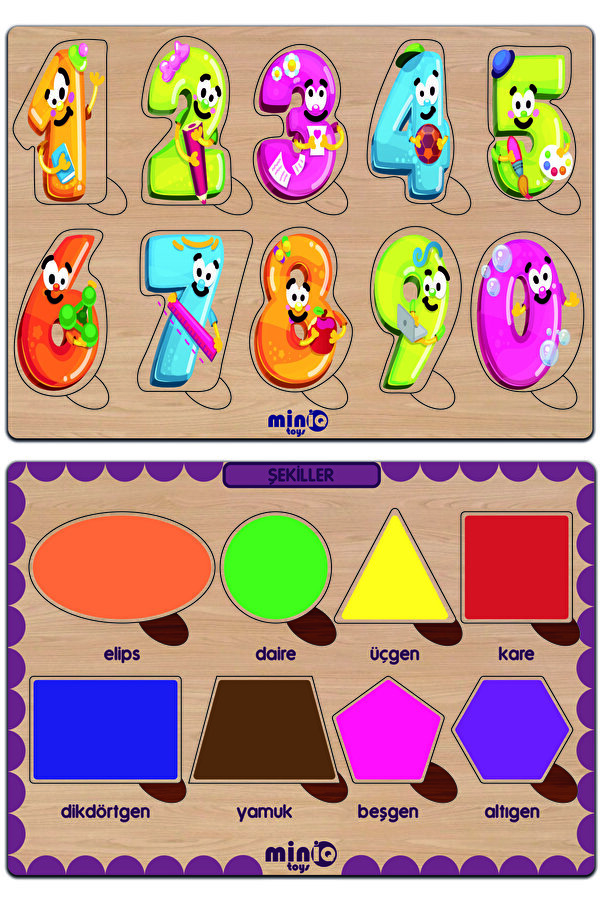 minİQ toys Ahşap Türkçe Sayılar ve Geometrik Şekiller 2’li Set Eğitici-öğretici Yapboz