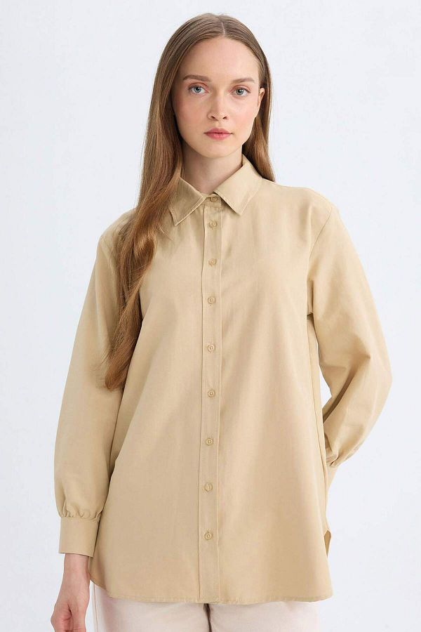 DeFacto-Relaxed Fit Hemd mit Revers aus Popeline Basic Unifarben Langarm Tunika D4159AX24AU 1