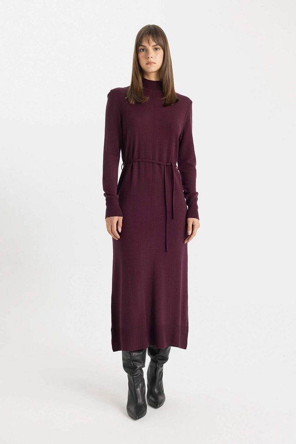 DeFacto-Regular Fit Halber Rollkragen Basic Plain Schlitz Langarm Maxi Strickkleid A9807AX24WN 1