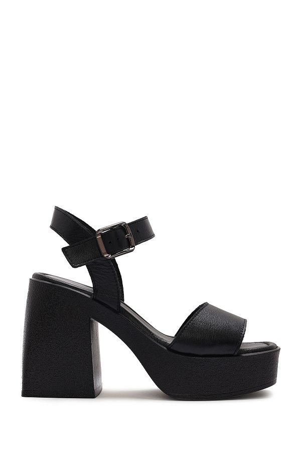 Derimod-Women's Black Ankle Buckle Platform Thick High Thick Heeled Leather Sandals 25Sfd131418 1