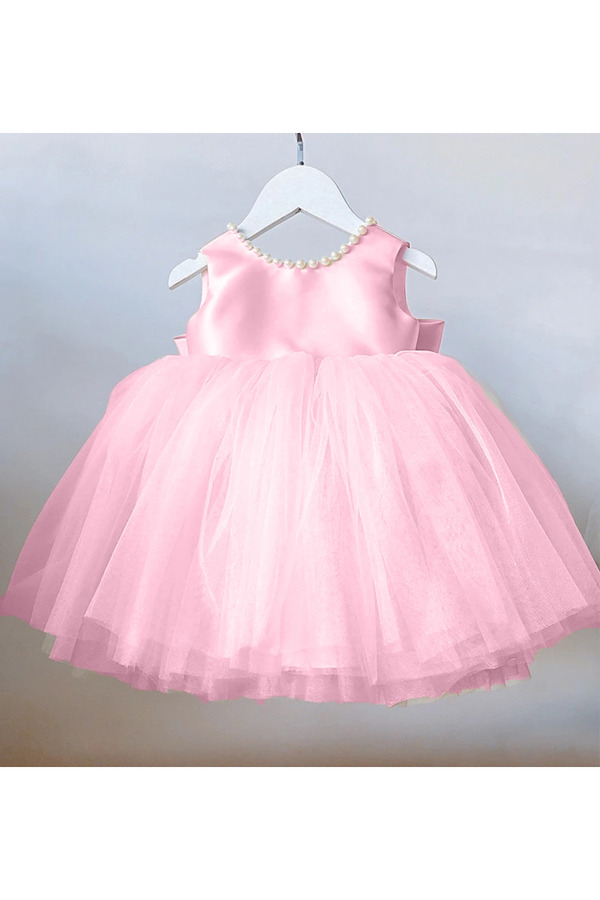 MadyaButik Kız Bebek Şeker Pembe Yaka ve Fiyonk İncili Elbise Doğum günü Elbise Zarif Prenses Elbise