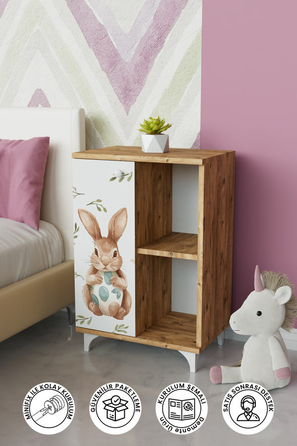 Hediyeler Kapında Ahşap 2 Raflı tek kapak Pretty Rabit Çocuk Odası Çok Amaçlı Dolabı