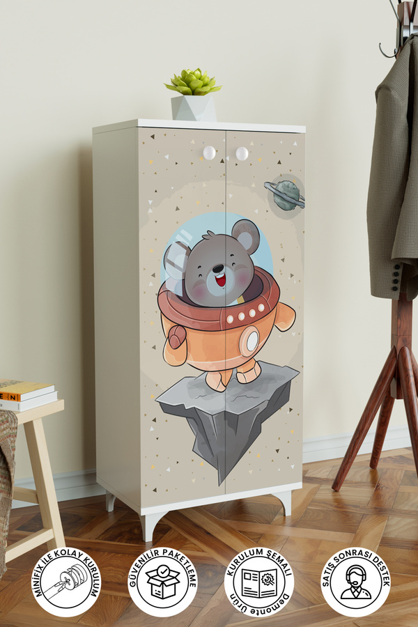 Hediyeler Kapında Little Astronaut 3 Raflı Çocuk Odası Dolabı Çok Amaçlı Baskılı Oyuncak Dolabı Beyaz