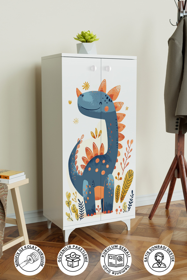 Hediyeler Kapında Minik Dino 3 Raflı Çocuk Odası Dolabı Çok Amaçlı Baskılı Oyuncak Dolabı Beyaz