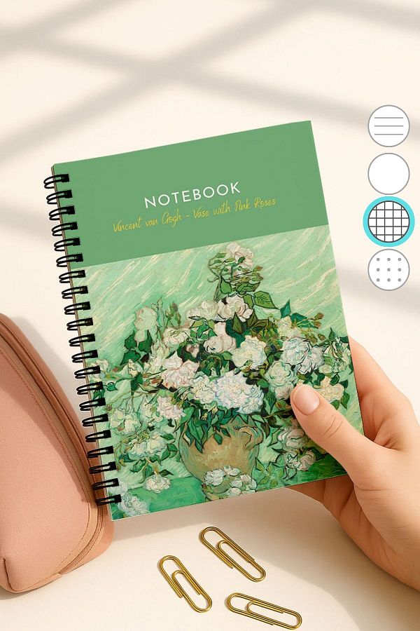 Eldesen Tasarım-Van Gogh A5 Spiral Checkered School Notebook, 50 Sheets 100 Pages, Cardboard Cover Notepad, Vase 1