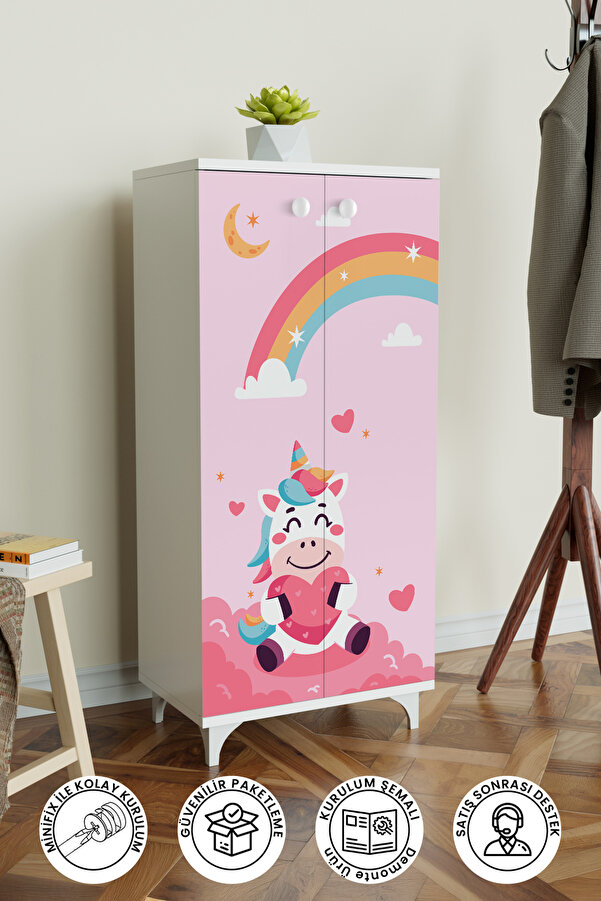 Hediyeler Kapında Çocuk Odası Unicorn Dreams Beyaz Dolap 3 Raflı Çok Amaçlı Baskılı Oyuncak Dolabı